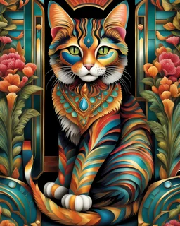 Beautiful cat colorful art Deco, full body, amazing artwork, hyper detailed, ultra maximalist quality, 12k