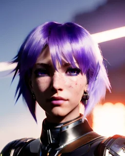 smirking Cyborg anime warrior, lavender hair, short and messy hairstyle, pierced ears, vivid blue eyes, clear complexion, waist up portrait, 8k resolution, intricate details, ornate details, soft lighting, vibrant colors, retroanime, masterpiece, intricate eyeliner, dark eyeshadow, eyes, intricate tattoos, futuristic cityscape background