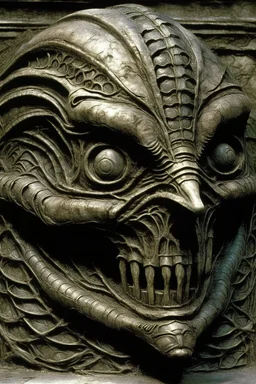sculpture of dark side of a lizard face . Multiple faces . decayed and rotting with grotesque proportions and imagery. abstract grotesqueries, detailed texture, surreal horror, biomechanical design, by hr giger and beksinski