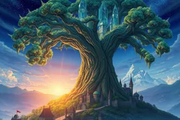 retro anime style, serious 1990s OVA anime style,Best quality, masterpiece, ultra high definition,Highly detailed painted anime final fantasy artwork style, Giant tree, gorgeous shiny crystal tree Yggdrasil, at the bottom medieval fantasy city