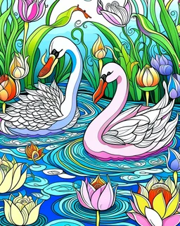 Stylized couple of two swans among lotus flowers (water lilies) and pond plants. Freehand sketch for adult anti stress coloring book cover,, colorful page, cooler background, perfect composition, beautiful detailed intricate insanely detailed octane render trending on artstation, photorealistic, soft natural volumetric cinematic perfect light, chiaroscuro, masterpiece, oil on canvas, raphael, caravaggio, greg rutkowski, beeple, beksinski, giger, black and white still, digital Art, perfect coloer