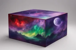 beautiful paintings of purple and green space on red rectangular box, very realistic