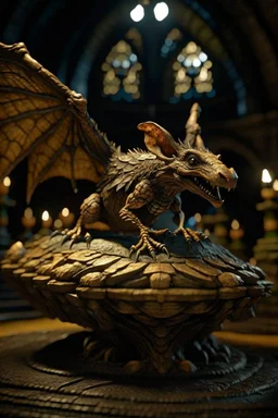 terrifying winged rat hovering above golem sculpture with rattle snake head on underground bone bridge, in the style of fantasy movies, photorealistic, shot on Hasselblad h6d-400c, zeiss prime lens, bokeh like f/0.8, tilt-shift lens 8k, high detail, smooth render, down-light, unreal engine 5, cinema 4d, HDR, dust effect, vivid colors