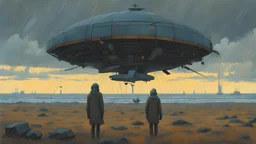 The arrival, Science fiction painting, Denis Sarazhin, Alex Colville, Simon Stalenhag, ominous sky