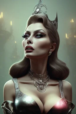 Sophia Loren as evil queen in black leather, cleavage, dominatrix, angry, stern look. character design by cory loftis, fenghua zhong, ryohei hase, ismail inceoglu and ruan jia. unreal engine 5, artistic lighting, highly detailed, photorealistic, fantasy