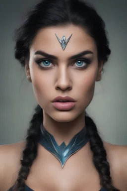 an extremely ugly abomination of a girl with great big pouty lips:1.5 and a humongous nose:1.5, wide set slanted soft blue eyes, extremely pointed chin, black hair, Wonder Woman, medium long shot, wide angle shot, full body image, head to toe,