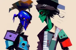 whimsical arafed nonsense, patchwork vibe, (((side view))) two arafed cyberlords fighting each other in a rainy whimsical downtown street with extreme body action and with (((exaggerated body parts))), (((oversize head))), sharp color contrasts, amazing shadows, (((exaggerated limbs and head))), minimal cozy, warm palette, bright bold warm summer colors with yellow orange black colors, color leak, heavily distorted views, amazing parallels, extreme urban decay