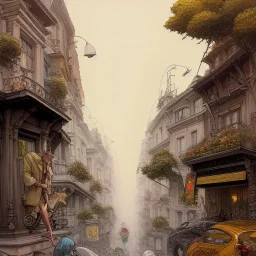 Beaux Arts architecture+detailed facades+human scalades+beautiful, liveable urban square lined with with richly detailed houses and shops, ,street trees,ornamental flowers +uphill road+biopunk+Book illustration by Gediminas Pranckevičius, Jean Baptiste Monge, Brian Kesinger, Anton fadeev, Kilian Eng, strong lines, high contrast vibrant colors, highly detailed, 16k resolution, trending on behance