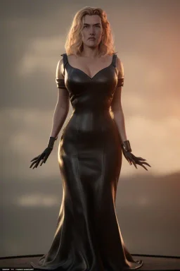 Kate Winslet as evil queen in black leather gown, cleavage, angry, dominaneering, stern look unreal 5, octane render,cinema4d, dynamic lighting, dramatic lighting, 4k, redshift render, highly detailed, hyper realistic