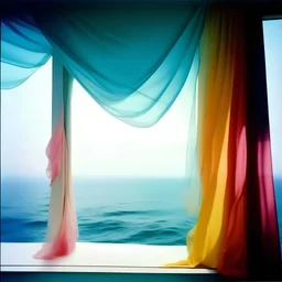 Polaroid,A white curtain above the sea, turquoise, pink, orange, yellow, wind blowing