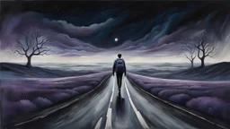 A solitary androgynous figure seen from behind, carrying an oversized heavy backpack, walking alone along a long winding road suspended in a vast dark sky. Surreal abstract dreamscape, the road curving into endless darkness, subtle mist and distant blurred figures moving ahead, atmosphere of change, uncertainty and emotional weight, but not hopeless. Dark blue, charcoal and muted purple tones, poetic digital art, etheral, atmospheric