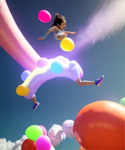 Ultra realistic speed clouds sky scene, wide angle view, sweet childs falling down, inflatable color clothing, free jumping flying, many trinkets, hair monster, many jelly beans, balls, color smoke, smile, happy, circus style, extreme, wind, clouds sea, 20,000 feet altitude, stratosphere, soft color, highly detailed, unreal engine 5, ray tracing, RTX, lumen lighting, ultra detail, volumetric lighting, 3d, finely drawn, high definition, high resolution.