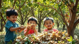 Young children harvesting banknotes and coins from money trees, trees are laden with banknotes, happy, delighted, handfuls of banknotes and coins, sunshine, octane render, 16k post-production, artstation: award-winning: atmospheric: commanding: clarity: ultra quality: striking: brilliance: stunning colors: amazing depth; lens: f/16, 28mm