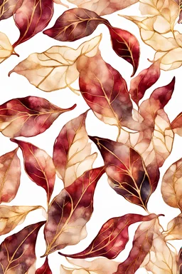 Alcohol ink art leaves pattern. Vibrant, fantasy, delicate, ethereal. Shades of DARK RED, with SHINY golden outlines 8K