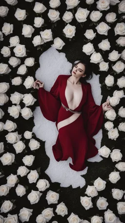 White wings, scissors, red dress in the middle of a field of white roses. Cinematic photo from above