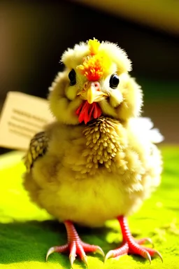 A beautiful, sweet, small-sized chicken holding a message.