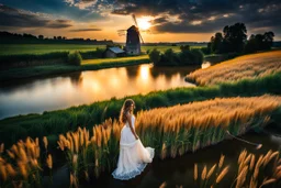 wide angle long shot of golden wheat field next to river ,a watermill on river, a beautiful girl in pretty long dress walking in