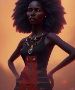 Negra Francisca, cute, beautiful, African, red fabric dress, black hair, head and shoulders portrait, 8k resolution concept art portrait by Greg Rutkowski, Unreal Engine 5 volumetric lighting