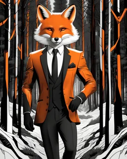 Arte lineal de Fox humanoide futurista, traje de corbata, calidad ultra, hiperdetallado, maximalista, 12k, full body fondo bosque