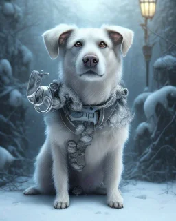 portrait of sad, scared, lonely dog tied to a short leash in front of house, winter, 8k resolution, high-quality, fine-detail, intricate, digital art, detailed matte, volumetric lighting, illustration, 3D octane render, brian froud, howard lyon, selina french, anna dittmann, annie stokes, lisa parker, greg rutowski