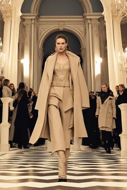 a winter fashion runway with moderna clothes hugely inspired by Superman style, embroidery elegante fashion beige tones