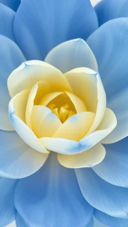 Yellow Rose, The background should be composed of blue petals that gradually transition to a creamy butter-colored center, with the petal tips delicately tinted in a noble, pale blue. The transitions between colors should be seamless and smooth, with no sharp edges, giving the petals an ethereal, veil-like, silky appearance. Focus on capturing the soft texture and gentle flow of the tulip petals, creating a dreamy and elega