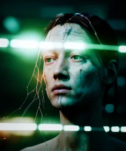 Ultra realistic photographic night portrait, cinematic, naked, long hair <sexy woman> <hanging wires> many wires coming out of the head <perfect pupil> <cyborg> <garage> <wide angle Shot> <sci-fi futuristic> <thriller>, fog, soft color, highly detailed, unreal engine 5, ray tracing, RTX, lumen lighting, ultra detail, volumetric lighting, high definition.