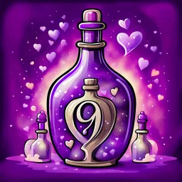 Cartoon illustration of love potion number 9 bottle sparkling, enchanted, fantasy illustration, highly detailed vintage story art style, purple tones, exaggerated, surreal