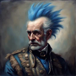 a detailed portrait of old man with a extravagant blue mohawk by edouard bisson, punk rock, oil painting, muted colors, soft lighting