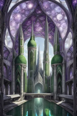 space station, Scifi City, Architecture, elvish, gothic, marble spires, domes metallic, reflections, glinting, hot sun, harsh bright light purple, green, white preraphaelite, romanticism, oil painting, anime, cell shading, dark souls silver details painting, art masterpiece, shadows, expert, insanely detailed, 4k resolution, intricate detalied, high textures, photorealistic