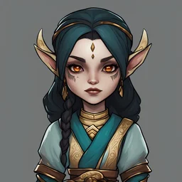 Aamela Rethandus is a Dunmer healer with pale gray skin and red eyes with straight black hair a golden headband and dressed in healer outfit of dull-teal tan and browns, in chibi art style