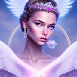 portrait of a beautiful woman with an angel face, pink and blue dress, jewels, soft light aura