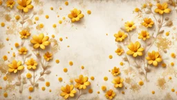 Hyper Realistic Beige-&-Yellow small-multicolor-flowers With Glowing Golden Embers On Off-White Grunge Wall Background.