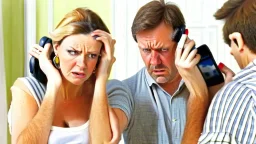 man upset and at on the phone while his wife stands behind him