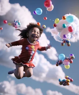 Ultra realistic speed clouds sky scene, wide angle view, childs falling down with many Childs background, circus dress style, feather color, free jumping flying, many trinkets, hair monster, many jelly beans, balls, color smoke, smile, happy, extreme, wind, clouds sea, 20,000 feet altitude, stratosphere, soft color, highly detailed, unreal engine 5, ray tracing, RTX, lumen lighting, ultra detail, volumetric lighting, 3d, finely drawn, high definition, high resolution.