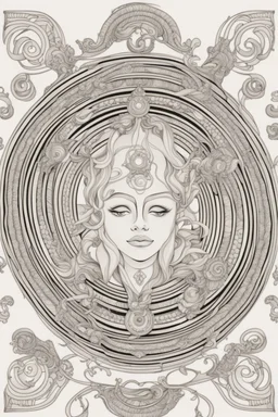 Mandala of Libra intertwined with Venus accents, illustrated in black and white with distinct, bold lines, suitable for an adult coloring book, contour, vector, clean line art, isolated on a white canvas