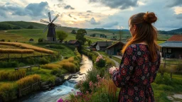 an open air Handicraft exhibition at closeup and a beautiful lady visiting Handicraft exhibition in a village over high grassy hills,a small fall and river and wild flowers at river sides, trees houses ,next to Ripe wheat ready for harvest farm,windmill ,,a few village local shops ,cloudy sun set sky,a few village local shops