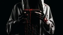 a faceless woman covered in blood holding up a black rectangular box