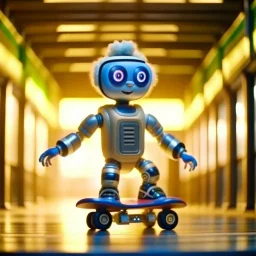 cute happy hairy futuristic hip hop chat robot with skateboard photo shoot in big train hall, 8k, down-light, soft light, depth of field, photo realism, trending on art station, high detail, smoke and fog