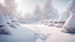 a landscape of a snowy garden during winter, cinematic, unreal engine, 4K UHD image, octane render, very intricated details