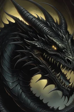 50s dark fantasy art, illustration of a black dragon