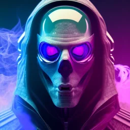 portrait of purple masked villain in galaxy, futuristic, teal and purple smoke, full portrait, hyper realistic, 4k, detailed