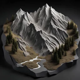 scenic mountain terrain model, cutout on black ground