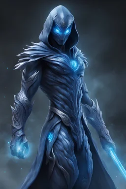 Ultra detailed, ultra realistic. Guyver rogue. Hooded cloak. Blades on his forearms. Glowing eyes. (((Swirling blue ethereal energy aura)))