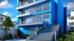 A modern architectural rendering showcases a two-story building with a swimming pool in the foreground. The building's facade is a mix of textures and colors, with a section featuring a rough, gray concrete finish and another part painted in a deep blue. The concrete section has horizontal lines suggesting stacked panels, and it includes windows with light blue frames. A white metal staircase is attached to the blue section of the building, leading upwards. A bridge-like structure with white rai
