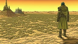 Desert warrior from behind looking at a city on a plateau in the distance, comic style