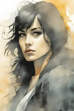 Dark haired woman. A soft-focus image of the golden sunset casting a warm glow, create in inkwash and watercolor, in the comic book art style of Mike Mignola, Bill Sienkiewicz and Jean Giraud Moebius, highly detailed, gritty textures,