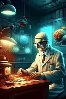 Neurosurgeon in 60s in his lab fantasy artistic full hd