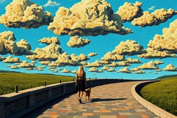 create a surreal mosaic walkway inspired by René Magritte, realistic textures combined with impossible elements, blonde girl walking her dog under a sky of mosaic clouds shaped like people, mysterious and poetic --ar 3:2 --v 7 --style raw