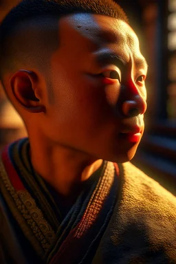 close up, Shirokai was raised in a secluded monastery, where the monks devoted themselves to the study of ancient martial arts and the pursuit of inner peace. He was an orphan, brought to the monastery's doorstep as a baby, and the monks raised him as one of their own. photorealism, depth of field, lightrays, downligh, nvidia game graphics, kung fu